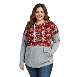 Grey Buffalo Plaid Snowflake Hooded Sweater Size 2XL